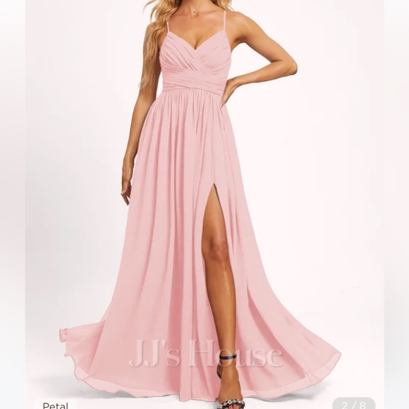 JJs House Dresses & Skirts - JJ's House Petal Pink Spaghetti Strap Chiffon Prom Dress with Thigh Slit